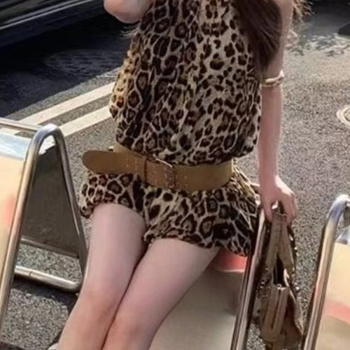 Leopard Temperament Mini Dresses for Women Stand Neck Sleeveless Patchwork Folds Sexy Dress Female Fashion Clothing